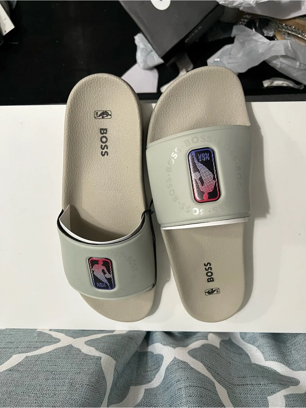 Hugo Boss Light Gray Slide Sandals with NBA Red & Blue Logo Patch